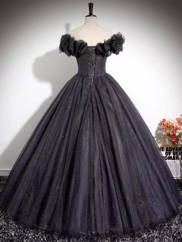 Black pleated sparkle tulle long prom dress gown