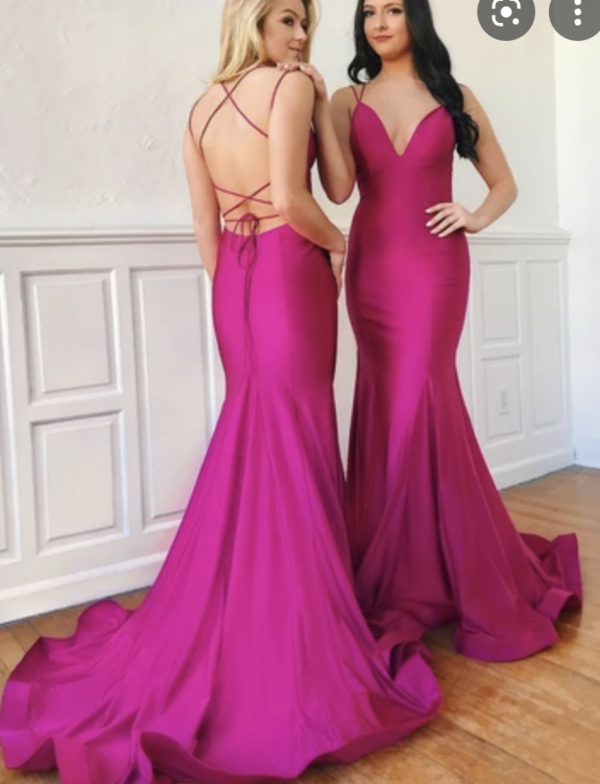 Hot pink v neck lace up court train prom dress evening gown