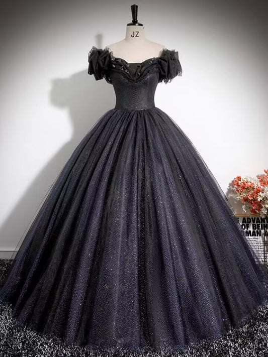 Black pleated sparkle tulle long prom dress gown VIMYES