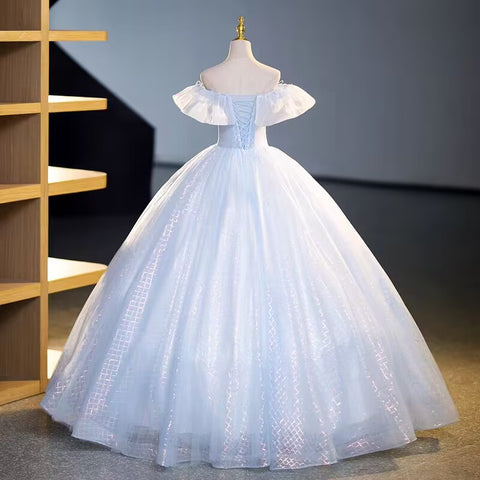 Off the shoulder light blue long tulle prom dress ball gown