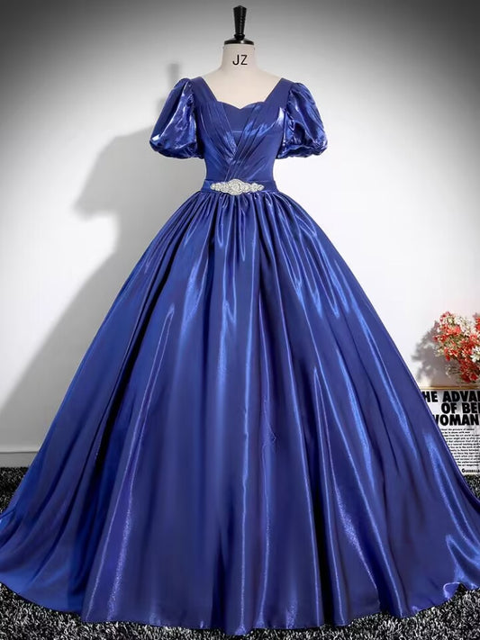 Royal blue short sleeve long satin ball gown VIMYES