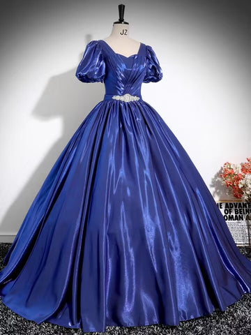 Royal blue short sleeve long satin ball gown