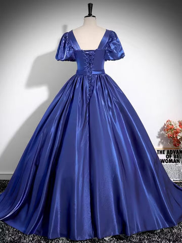 Royal blue short sleeve long satin ball gown