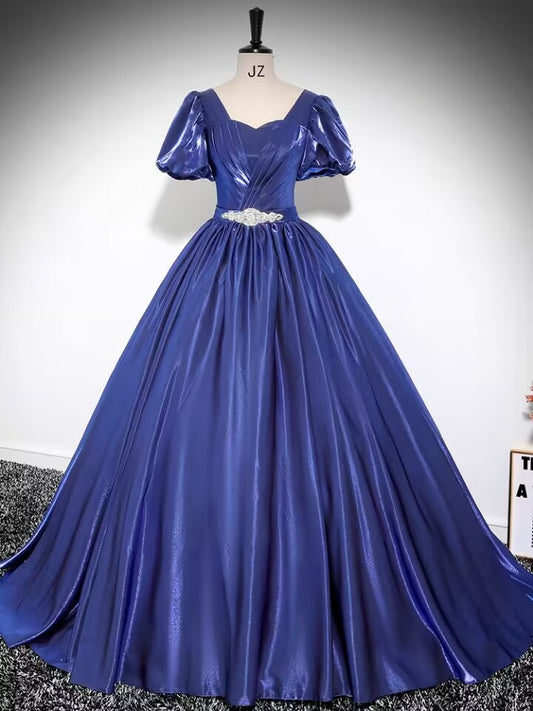 Royal blue short sleeve long satin ball gown VIMYES