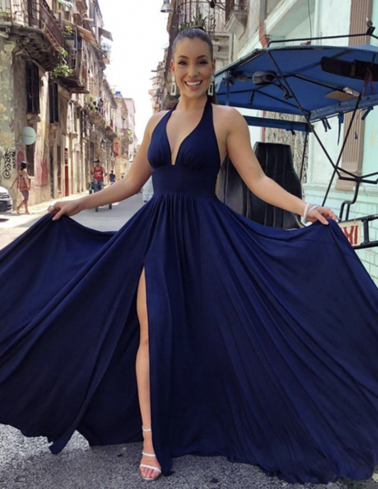 Halter navy blue pleated slit long chiffon prom dress evening gown VIMYES