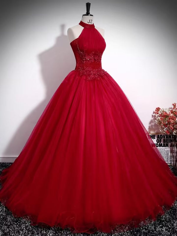 Burgundy lace applique beaded long tulle ball gown