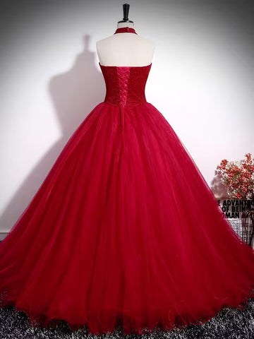 Burgundy lace applique beaded long tulle ball gown