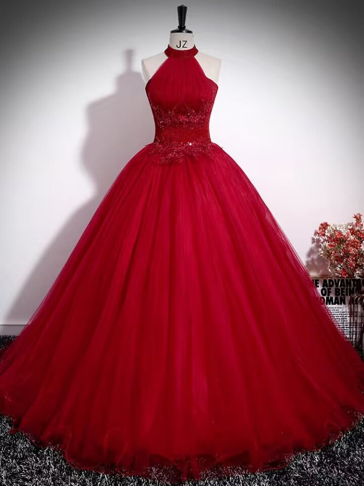 Burgundy lace applique beaded long tulle ball gown