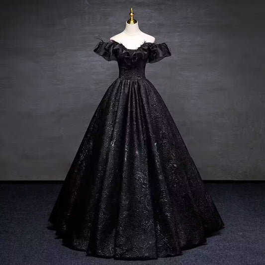 Black printed satin long ball gown prom dress VIMYES