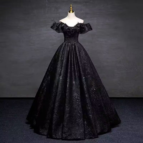 Black printed satin long ball gown prom dress