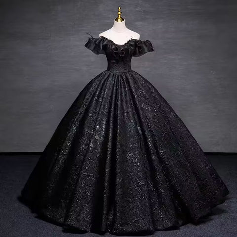 Black printed satin long ball gown prom dress