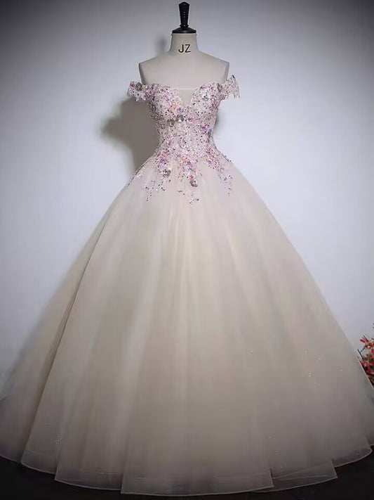 Champagne off the shoulder long tulle ball gown VIMYES