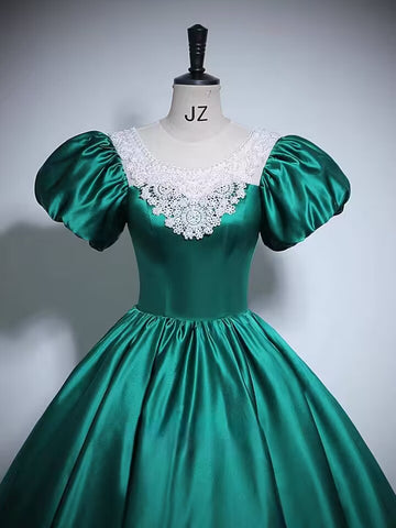 Green scoop long satin ball gown prom dress