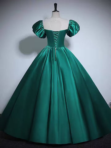 Green scoop long satin ball gown prom dress