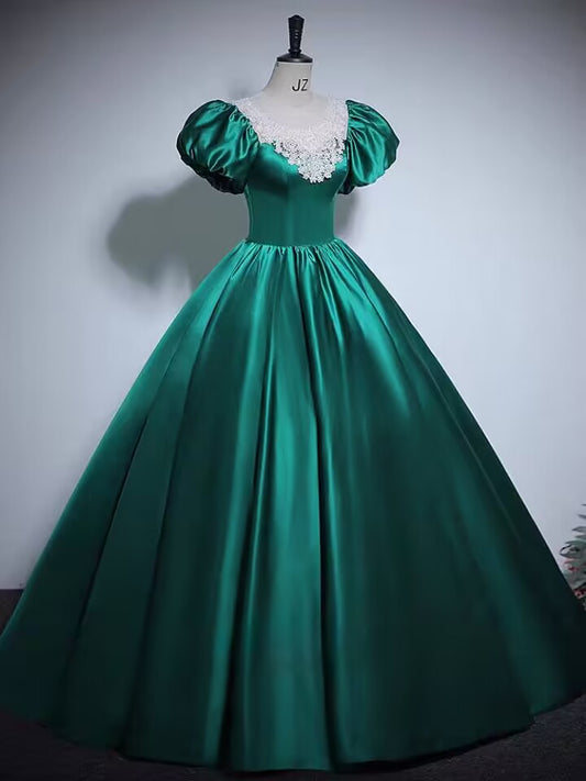 Green scoop long satin ball gown prom dress VIMYES