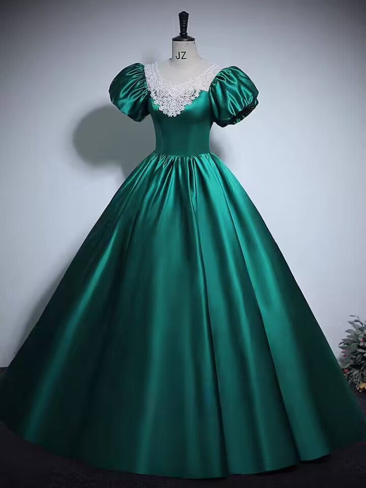 Green scoop long satin ball gown prom dress