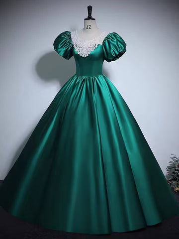 Green scoop long satin ball gown prom dress