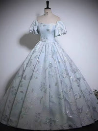 Off the shoulder printed satin prom dress gown