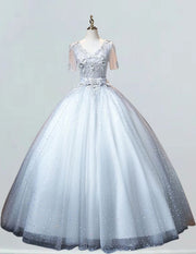 Short Sleeve Sliver Ball Gown V Neck Princess Prom Dress Applique Flower Lace Evening Dress A line Formal Party Gown