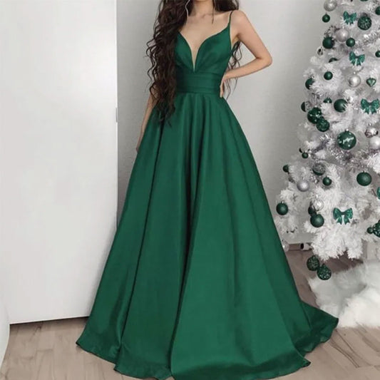 Green v neck pleated long satin prom dress evening gown homecoming dress VIMYES