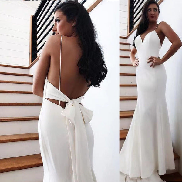 Ivory v neck straps backless long prom dress floor length evening gown wedding dress