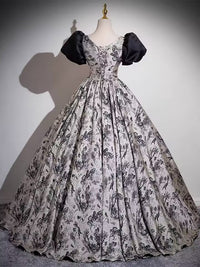 Woman printed satin ball gown evening dress