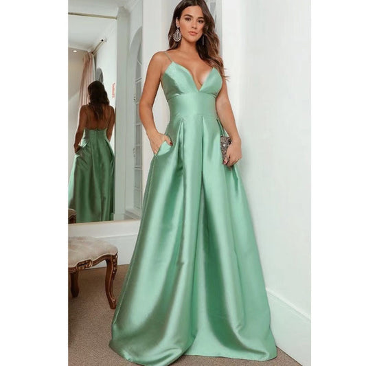 Mint green straps floor length prom dress pocket evening gown bridesmaid dress VIMYES