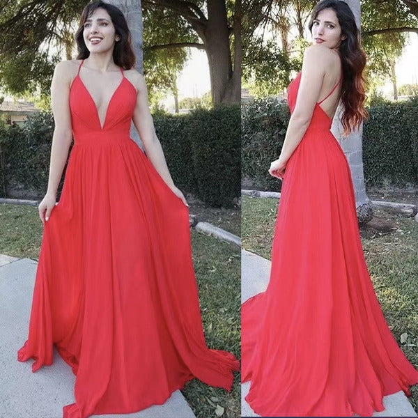 V neck red chiffon prom dress long evening gown homecoming dress