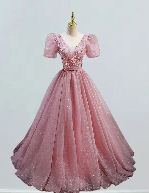 Elegant pink tulle V-neck evening prom gown with sparkle, featuring a variety of styles including ball gowns, off-shoulder dresses, and corset evening dresses for formal events and princess parties1