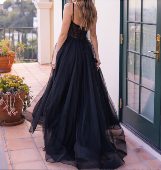 Black straps slit prom dress sweep train evening gown wedding dress VIMYES