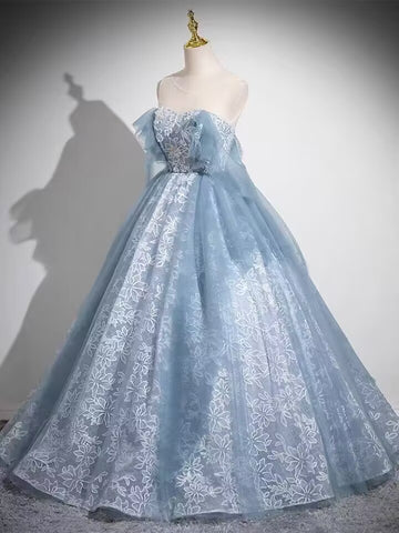 Blue long lace ball gown,women evening dress