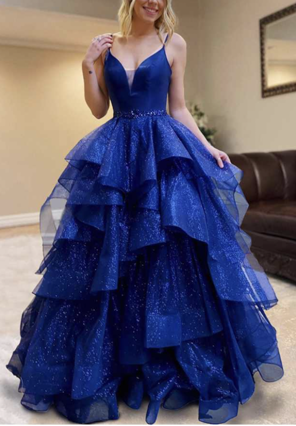 Royal blue spaghetti strap glitter tulle prom dress ball gown ruffle wedding dress gown