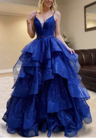 Royal blue spaghetti strap glitter tulle prom dress ball gown ruffle w Royal blue spaghetti strap glitter tulle prom dress ball gown ruffle w
