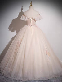 Champagne off the shoulder beaded lace tulle ball gown