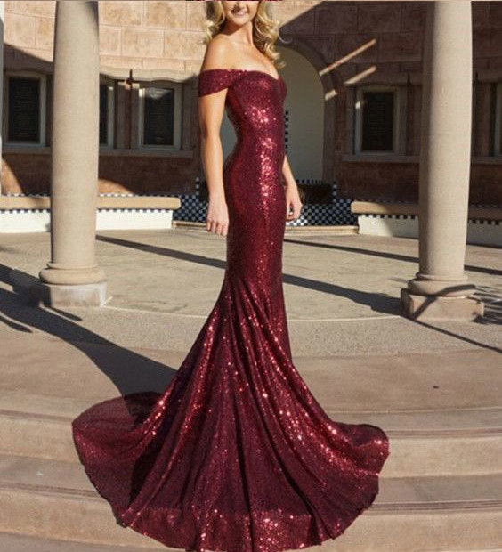 Burgundy off the shoulder sequin prom dress evening gown