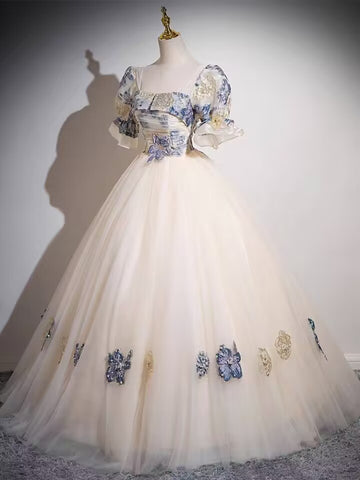 Square short sleeve long tulle ball gown evening dress