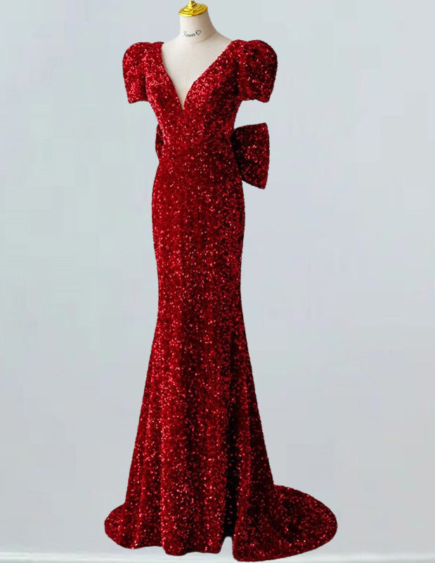 Burgundy velvet sequin prom gown with train, elegant evening dress for girls2