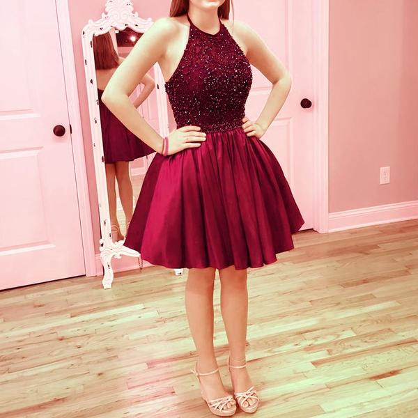 Burgundy halter short cocktail dress homecoming dress evening gown