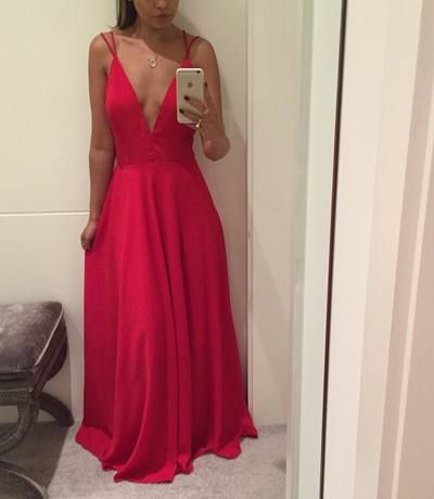 Red v neck floor length chiffon prom dress evening party dress