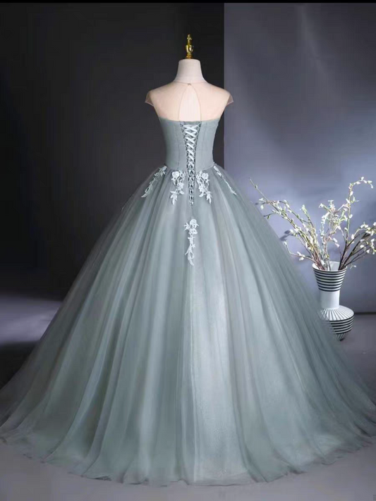 Dusty blue scoop lace applique long tulle ball gown VIMYES