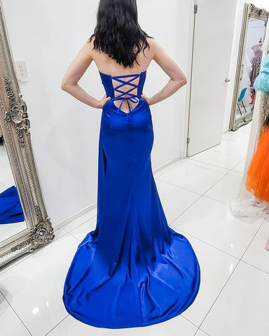 Royal blue v neck pleated prom dress slit formal gown evening dress