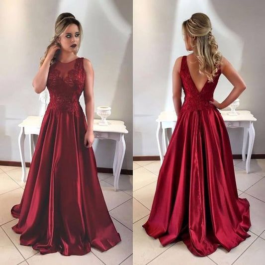 Burgundy lace applique beads long satin prom dress formal gown VIMYES