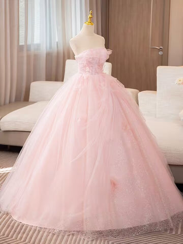 Pink strapless pleated long tulle ball gown bridal dress