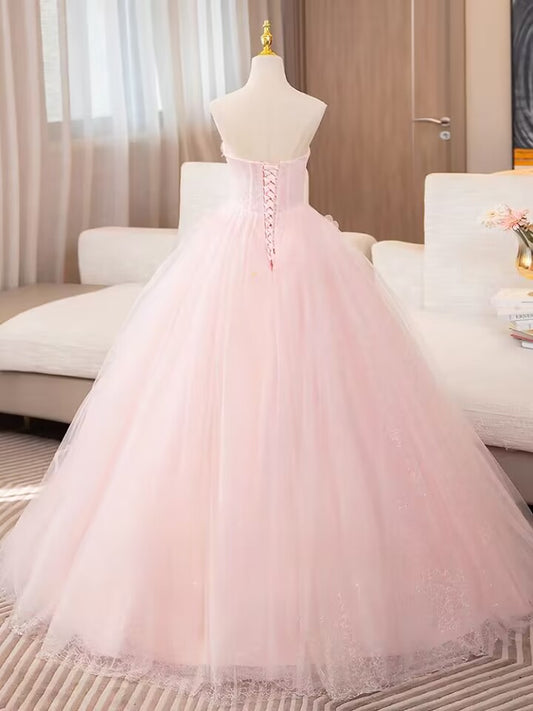 Pink strapless pleated long tulle ball gown bridal dress VIMYES