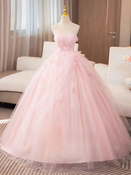 Pink strapless pleated long tulle ball gown bridal dress VIMYES