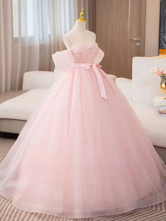 Off the shoulder pink long tulle ball gown bridal dress VIMYES