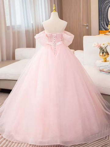 Off the shoulder pink long tulle ball gown bridal dress