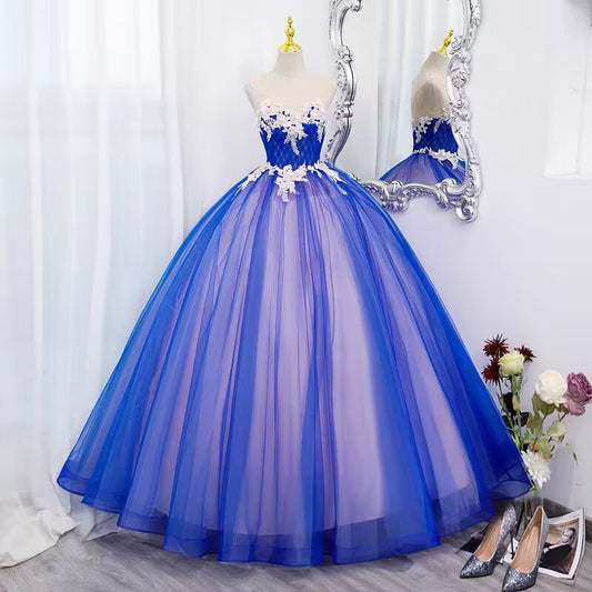 Royal blue scoop floral lace long tulle ball gown VIMYES