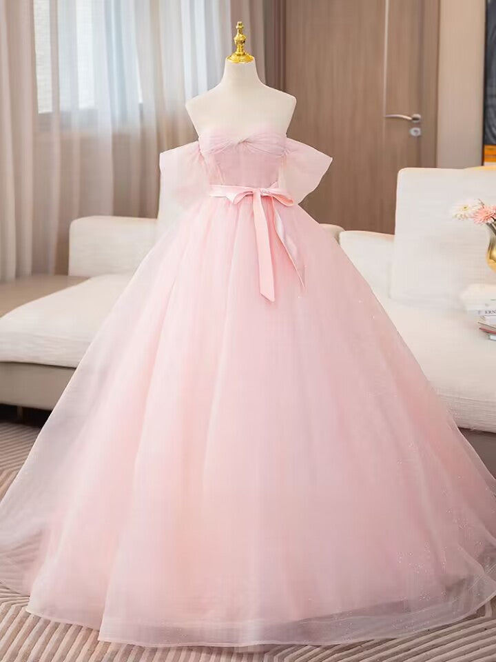 Off the shoulder pink long tulle ball gown bridal dress