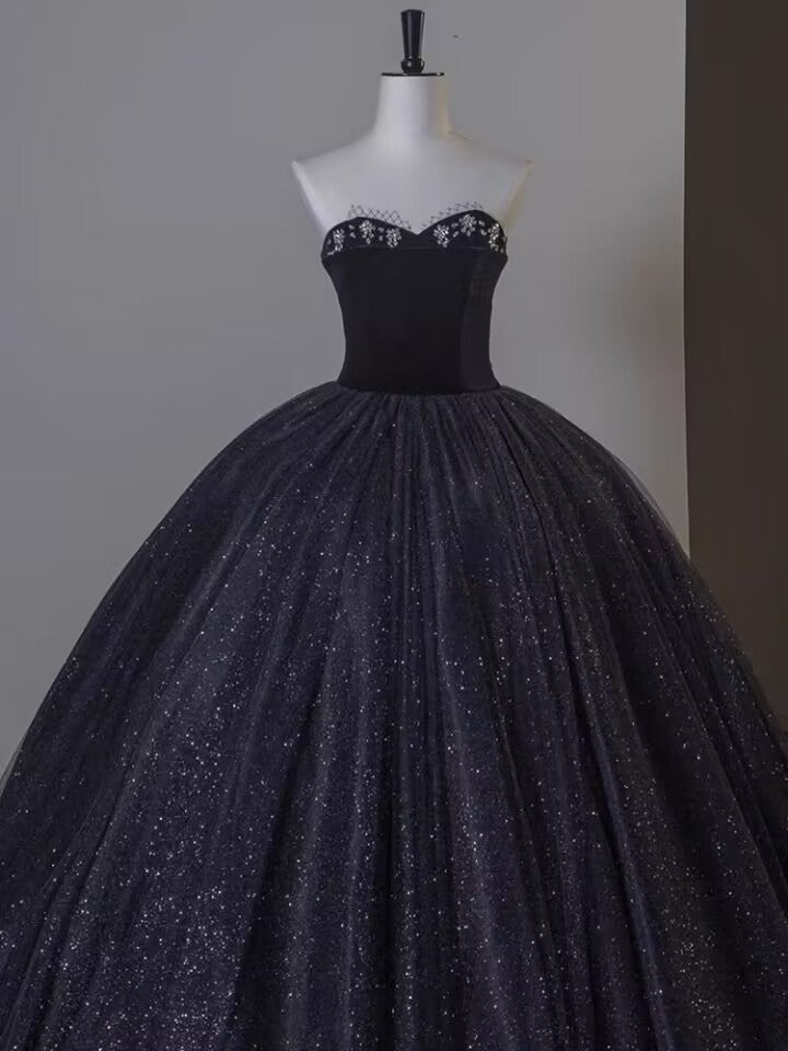 Black strapless beaded rhinestone long glitter tulle ball gown